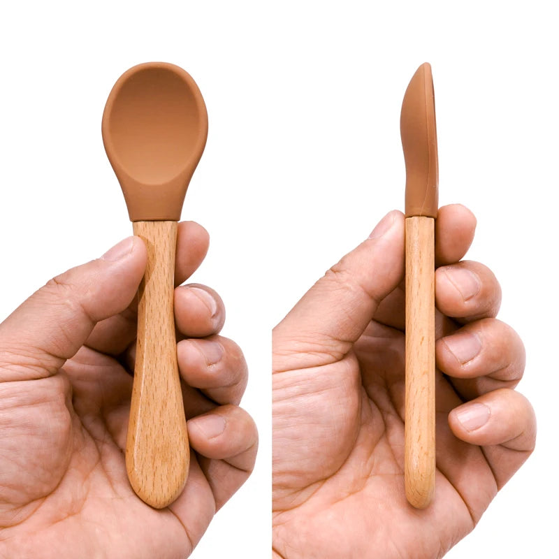 Cuillère en silicone avec manche en bois pour bébé